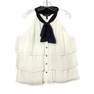 WHBM Tiered Pleats Tank Top Womens Size 14 Off White Black Necktie Lined NWOT